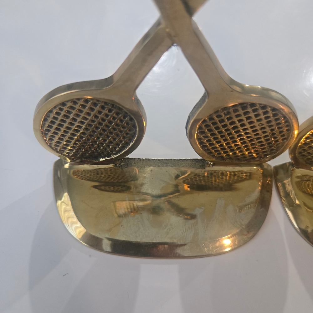 Vintage Brass Tennis Racket Bookends Pair 1970s Taiwan Sports Decor Gold Tone - Picture 8 of 11
